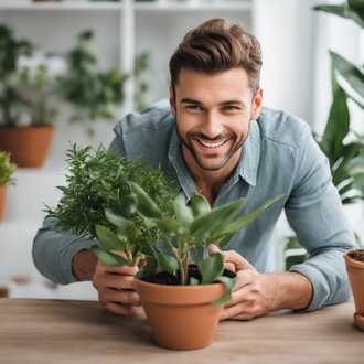 Photo of team member  holding a Stromanthe Triostar in a concrete plant pot